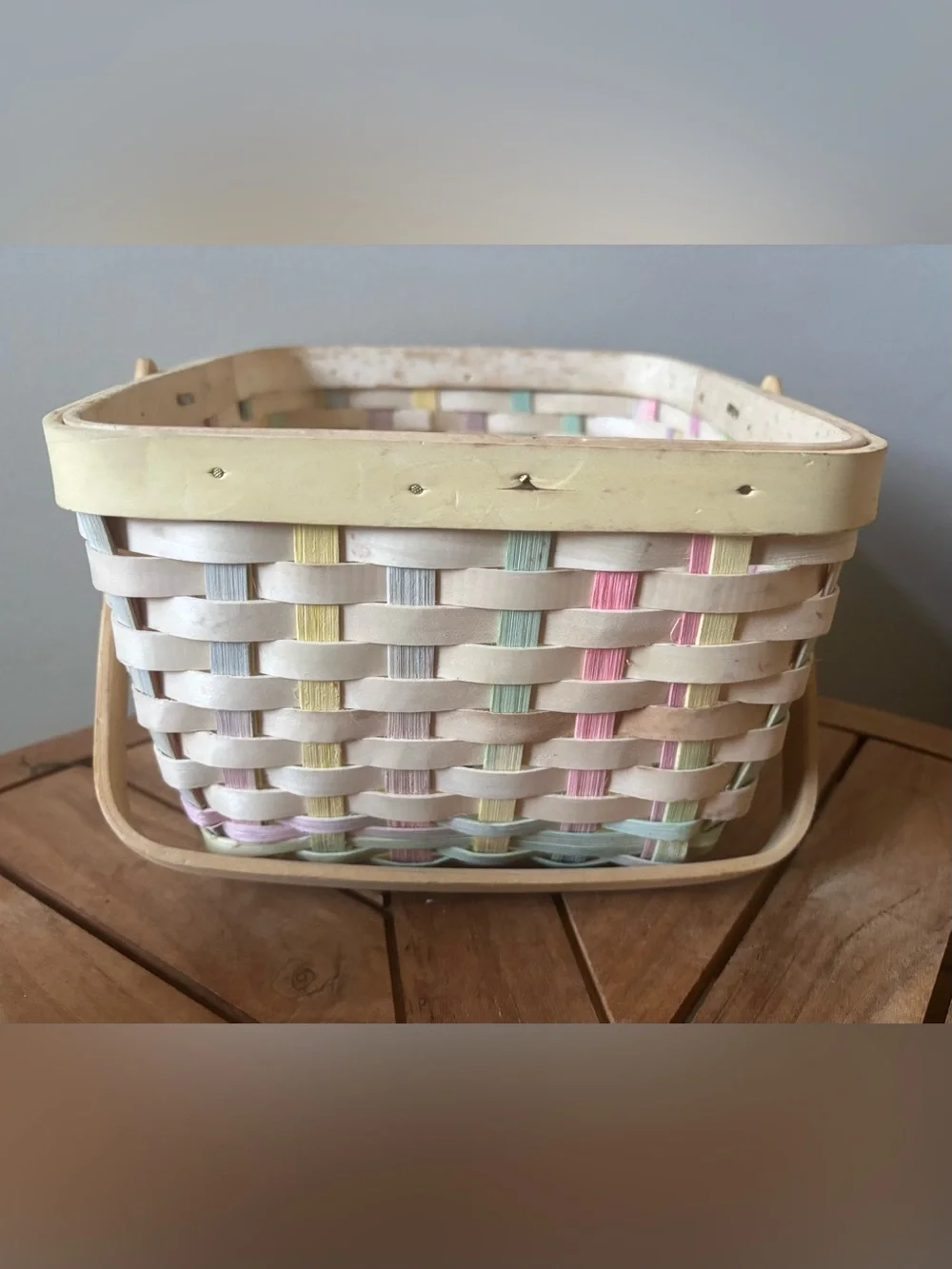 Vintage Pastel Woven Basket W/Handle 11”x9” Cottagecore